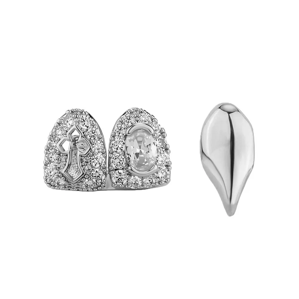 Unisex Double Teeth Hip Hop Copper Grillz Shiny Zircon Stone Tooth Caps Oval Hollow Cross Grillz Halloween Parties