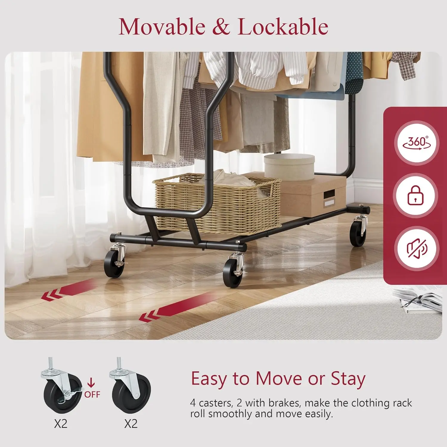 Tajsoon Clothes Rack Heavy Duty Rolling Garment Rack With Wheels And Extendable Double Rods, Collapsible Clothing Racks For