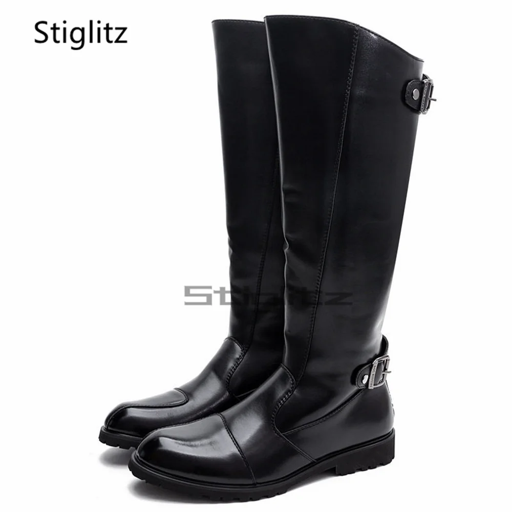 Men's Retro Knee High Knight Boots British Style Leather Western Cowboy Boots Belt Buckle Low Heel Autumn Winter Male Shoes