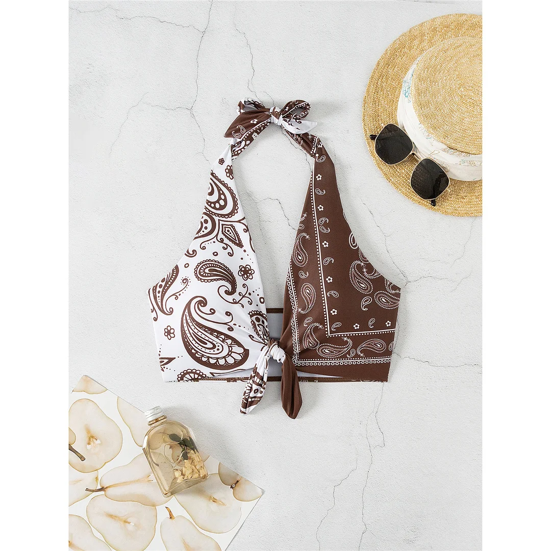 XS - L Sexy bedrucktes, gespleißtes Neckholder-Bikini-Oberteil mit Knoten, Damen-Badeanzug, Badebekleidung, Badeanzug, Strand-Oberteil V5817 – Detail 10