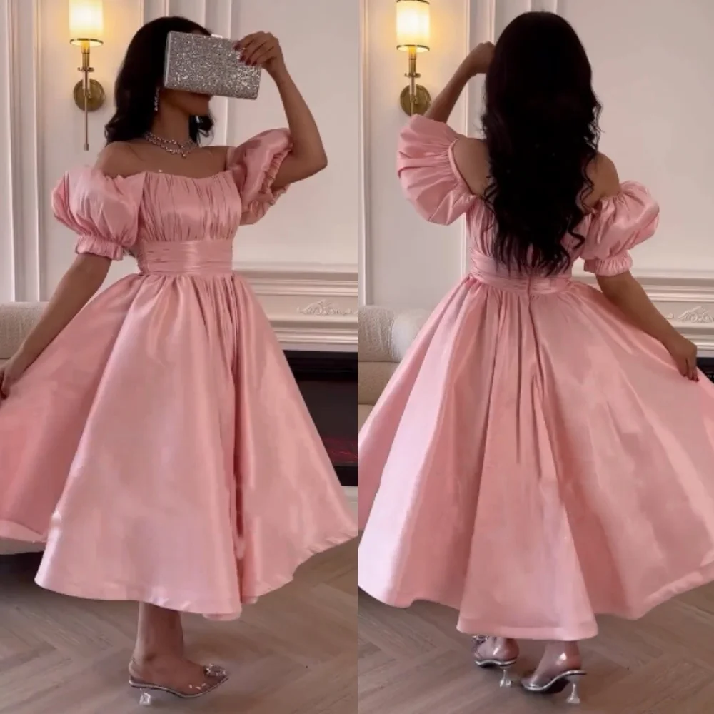 Customized Satin Pleat Wedding Party A-line Off-the-shoulder Bespoke Occasion Gown Midi Dresses