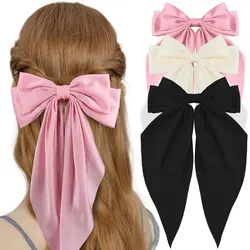 3Pcs Large Elegant Ribbon Bow Hair Clip for Women Simple Solid Color Satin Ponytail Bowknot Hairpins Barrettes Hair Accessories