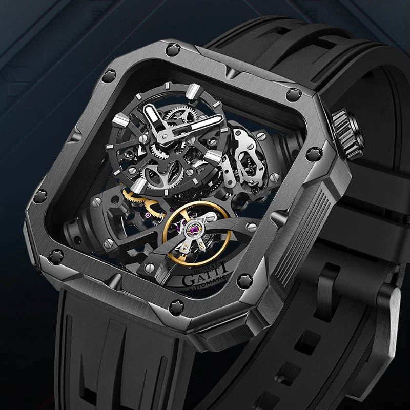BONEST GATTI Square Mechanical Wristwatch Waterproof Sapphire Luminous Skeleton Rubber Strap Men Automatic Watch