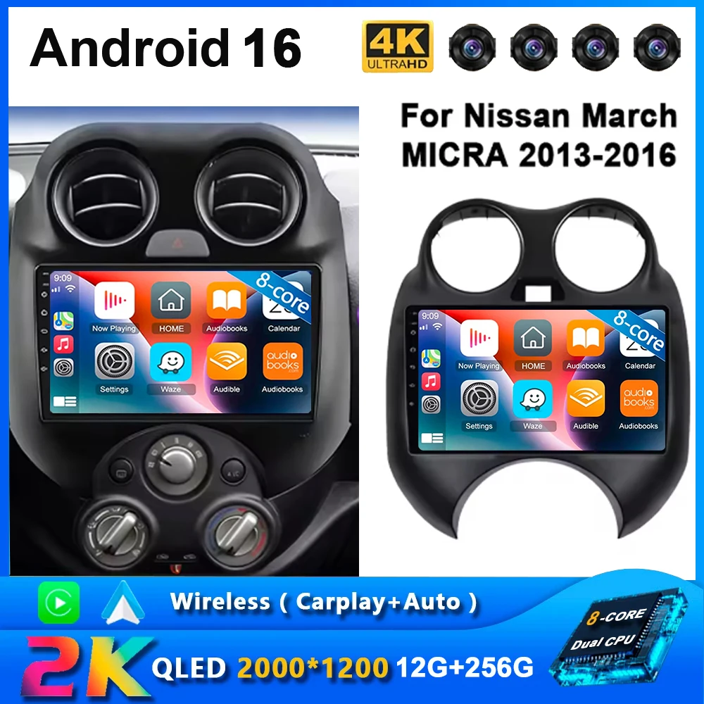 Für Nissan March MICRA 2010 2011 2012 2013 Android 16 Autoradio Audio-Video-Multimedia-Player GPS-Navigation 8+256G Carplay Auto