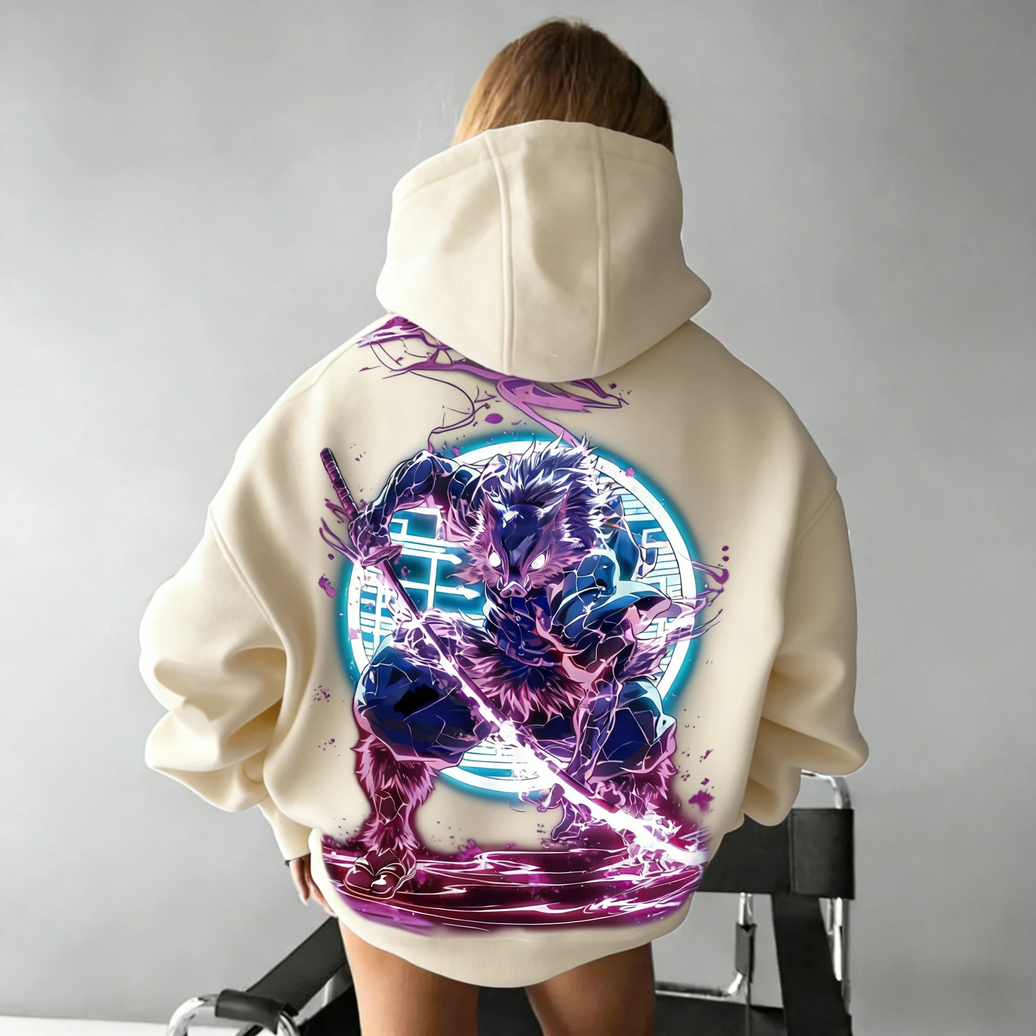 Demon Slayer Anime katoenen hoodie blauwe kleur karakterprint met Inosuke Hashibira zwijnmaskerpatroon en paarse bliksem