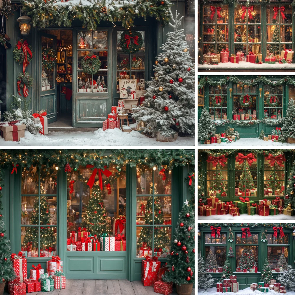 

Photography Background Winter Christmas Shop Windows Street Xmas Tree Kids Family Portrait Decor Backdrop Photo Studio