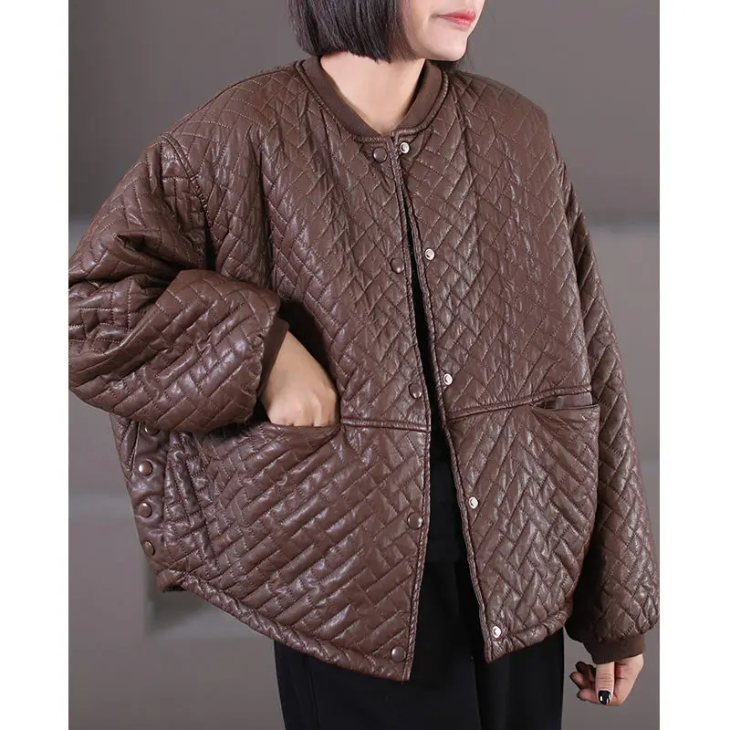 Winter Clothes 2022 New Women's Korean Version Loose Large Size Knitting Collar Splicing Plush Leather Coat Padded Jakcet T1600