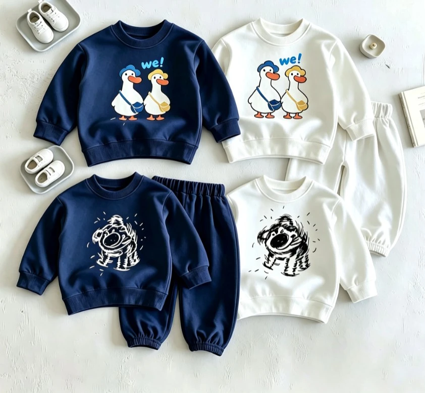 Infant Sweatshirt Outfit Duck Cartoon Print Child Crew Neck Pullover And Loose Trousers Children Simple Clothing Wear Sets Wear