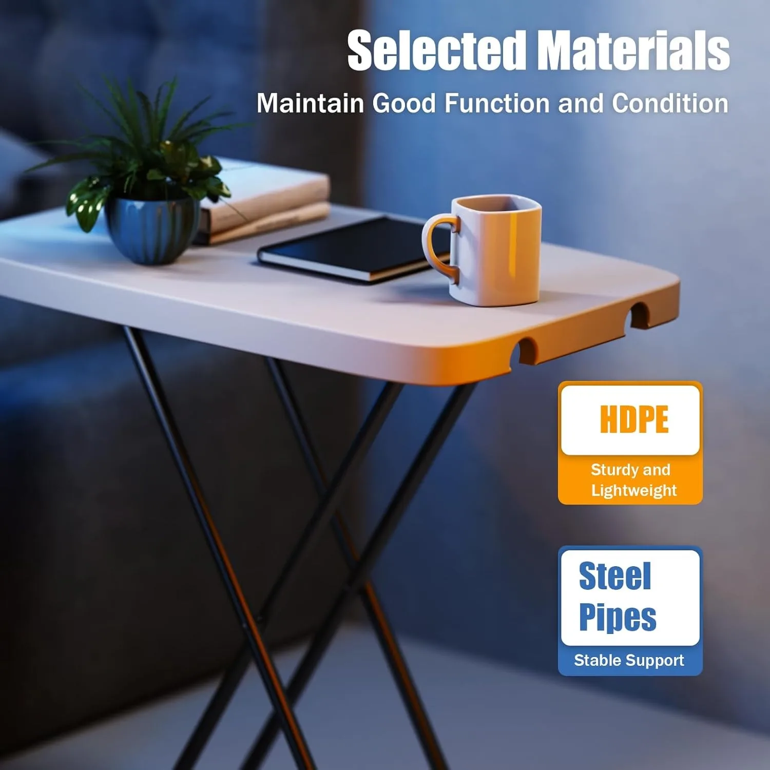 Plastic Adjustable Height Folding Table - No Assembly, White - for Picnic/Party/Travel/Home