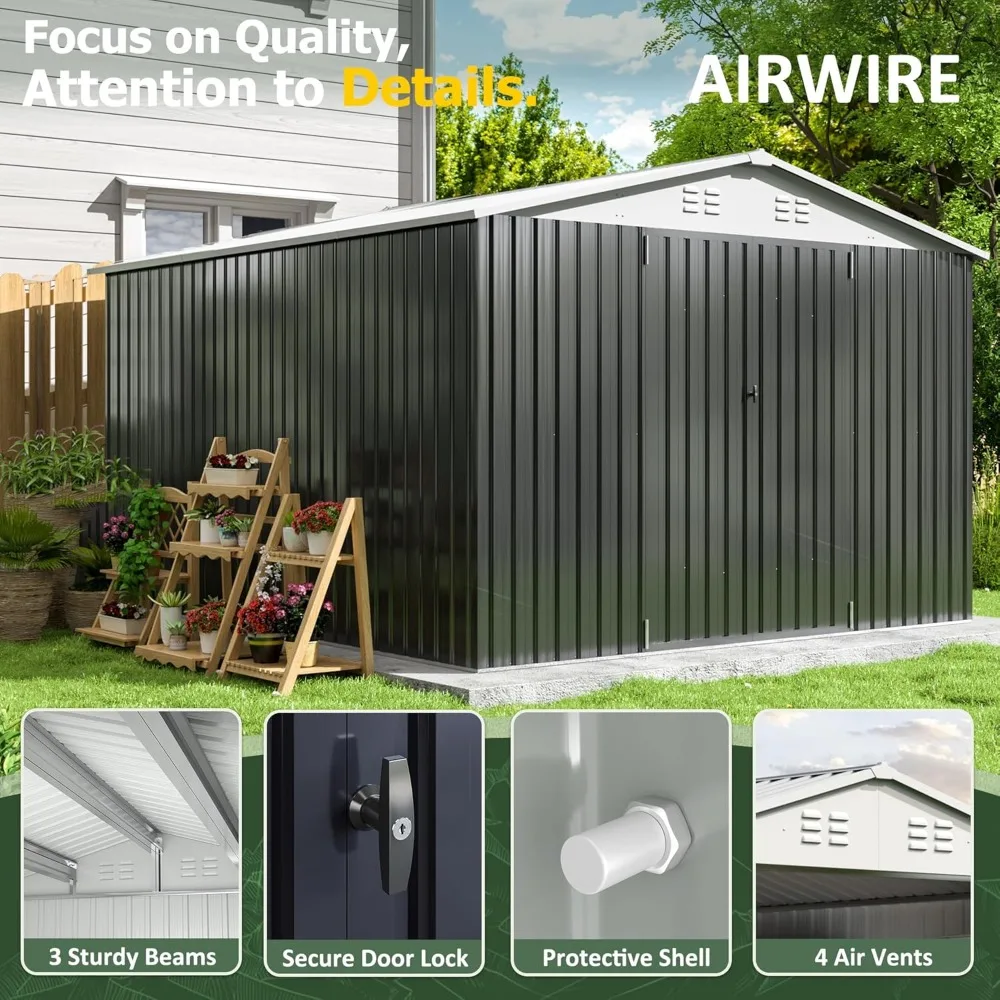 10x12 FT Outdoor Storage Shed, Garden Shed with Updated Frame Structure and Lockable Doors, Metal Tool Sheds for Backyard Garden