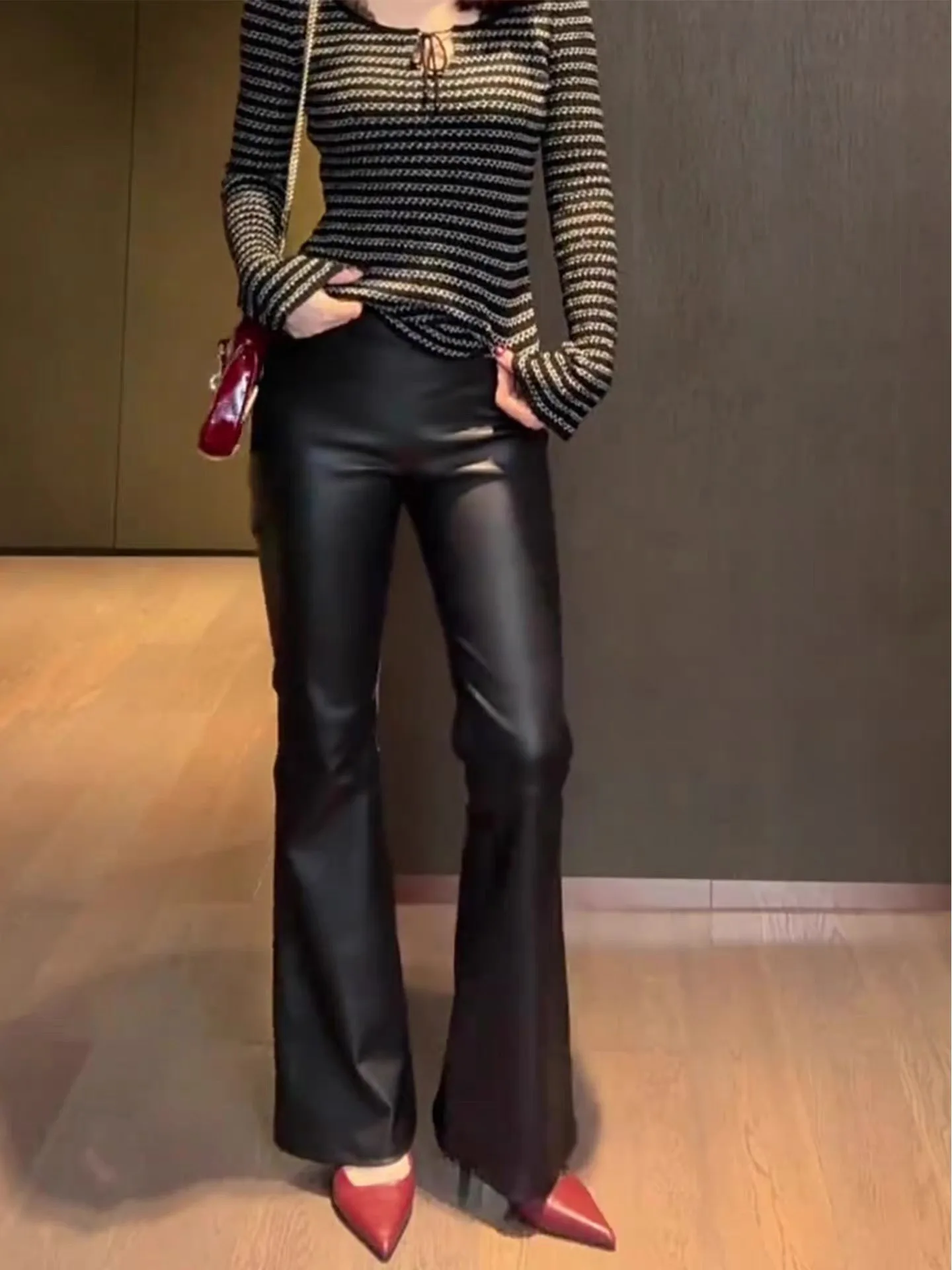 

Брюки Bla Genuine из овчины с высокой талией, прямого кроя, облегающие, теплые, зимние, новинка, модные, универсальные, для невысоких.