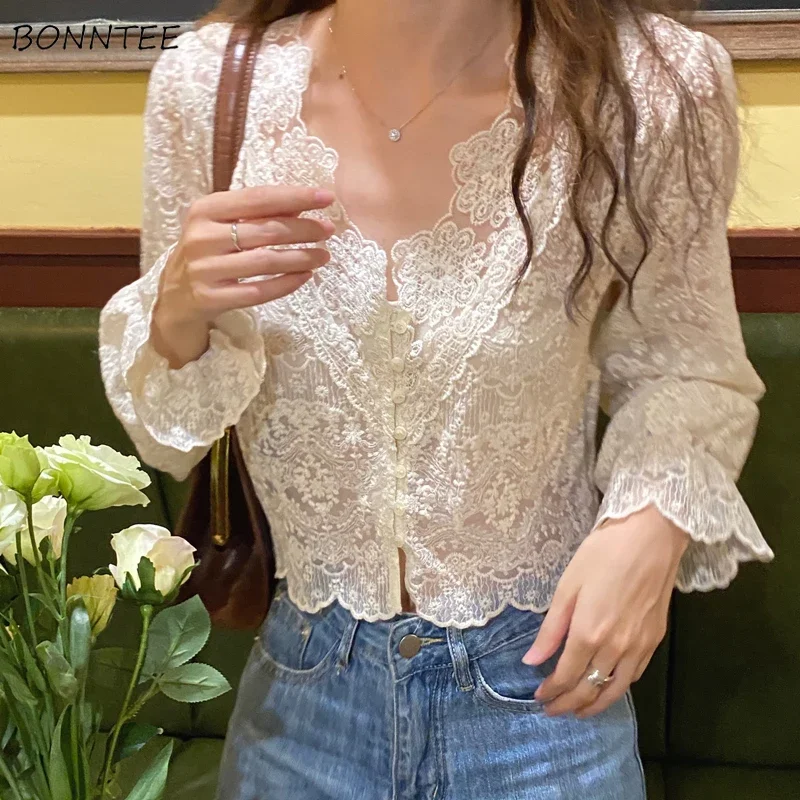 Elegant Shirts Women Lace Crochet Flower V-neck Long Petal Sleeve Summer All-match Outwear Sun-proof Retro Vintage Mature Tops