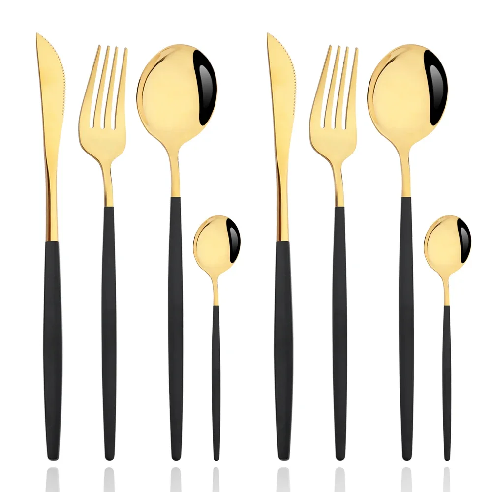 8Pcs Black Gold Dinnerware Set Stainless Steel Cutlery Set Kitchen Mirror Western Tableware Set Knife Fork Spoon Flatware Set