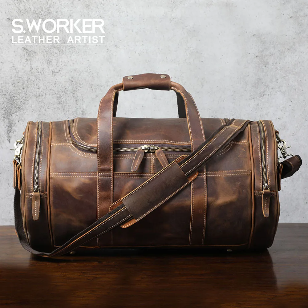 S.WORKER Vintage Vollnarbenleder-Reisetasche für Herren, Echtleder, Große Kapazität, Weekender-Reisetasche – Detail 2