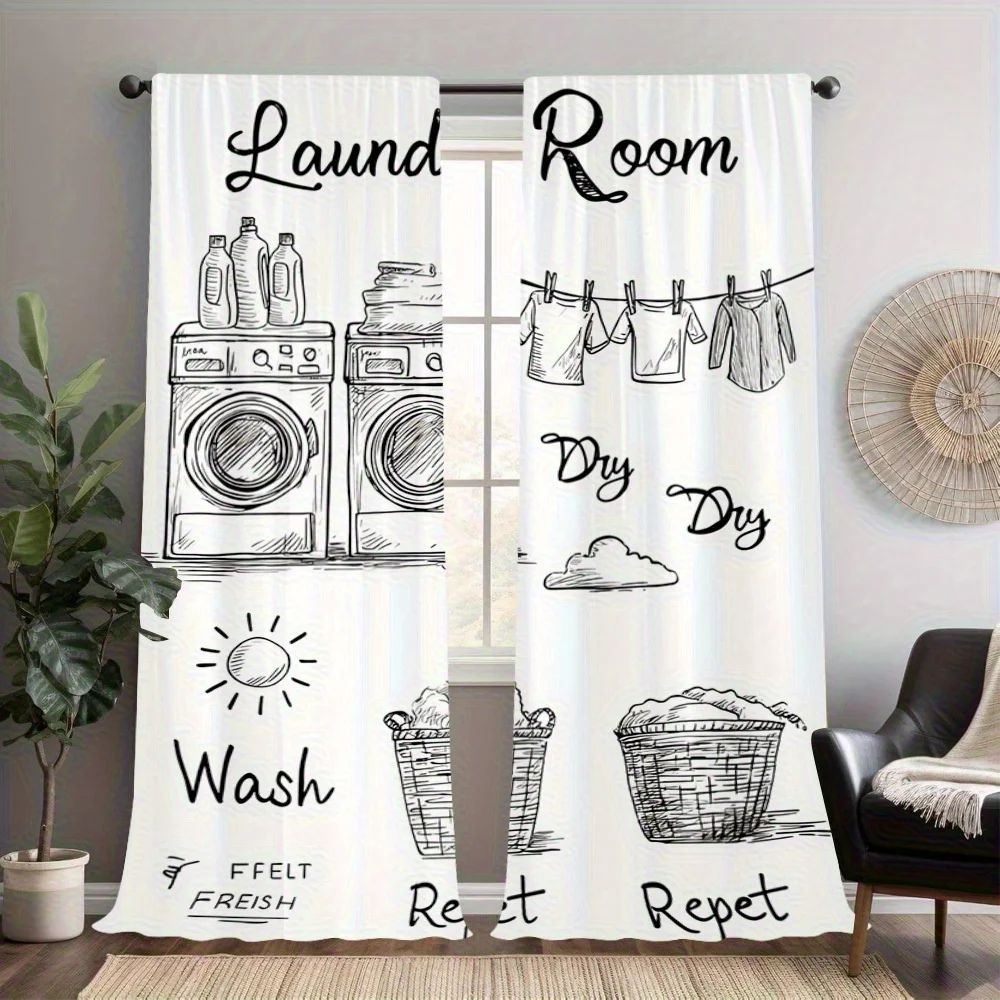 Laundry Room Curtain, Vintage Washing Machine Clothesline Sketch Print Drape, Utility Room Window Treatment for Home Decor