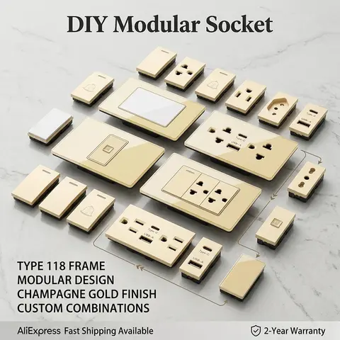 Tempered Glass Modular Wall Plate2x4inch DIY Style NEMA 5-15R Duplex Outlet Combination US EU Italy Chile Standard Socket Module
