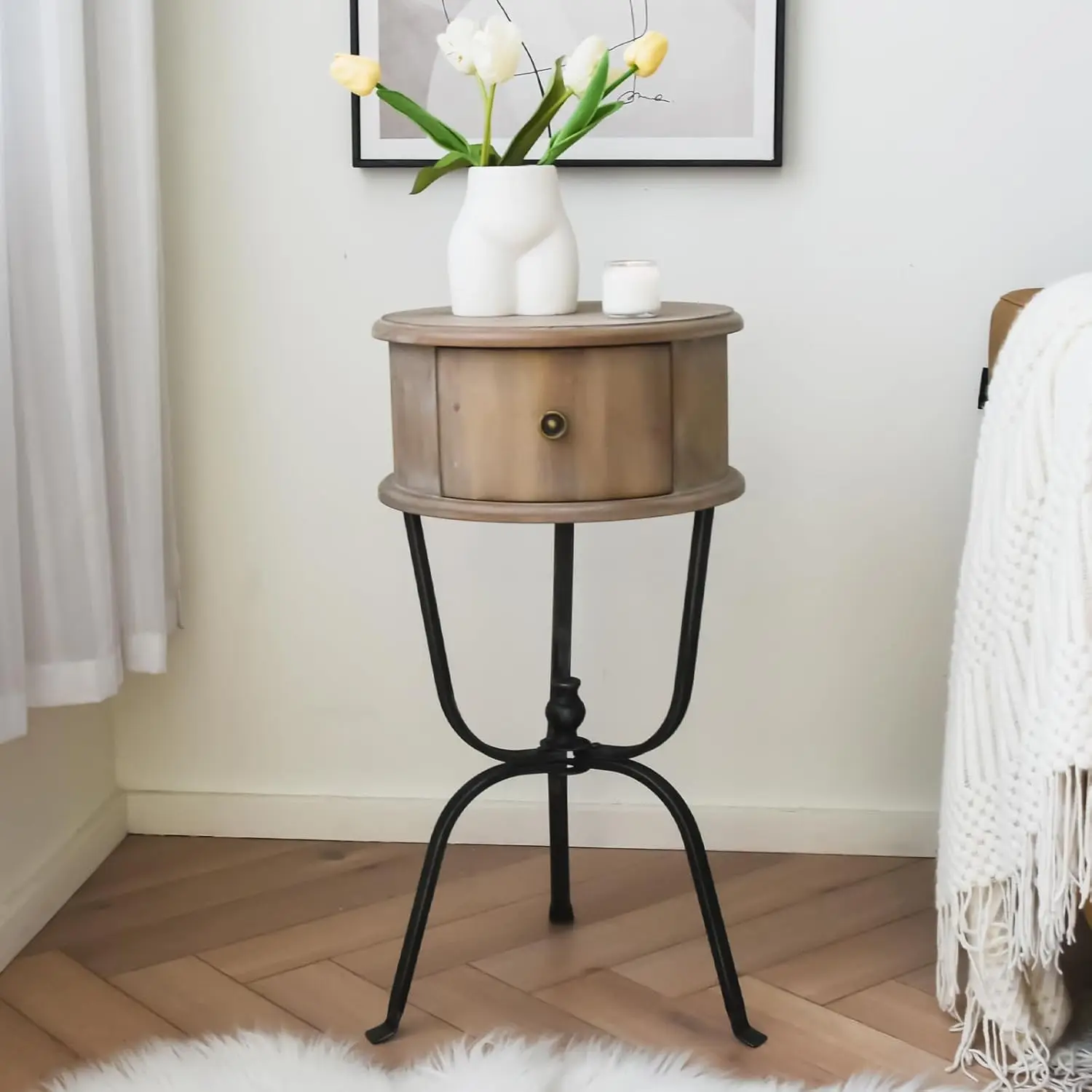 

Round End Table, Wood Side Table with Metal Legs, Nightstand with Drawer, Bedside Table for Living Room, Bedroom, Small Space (W