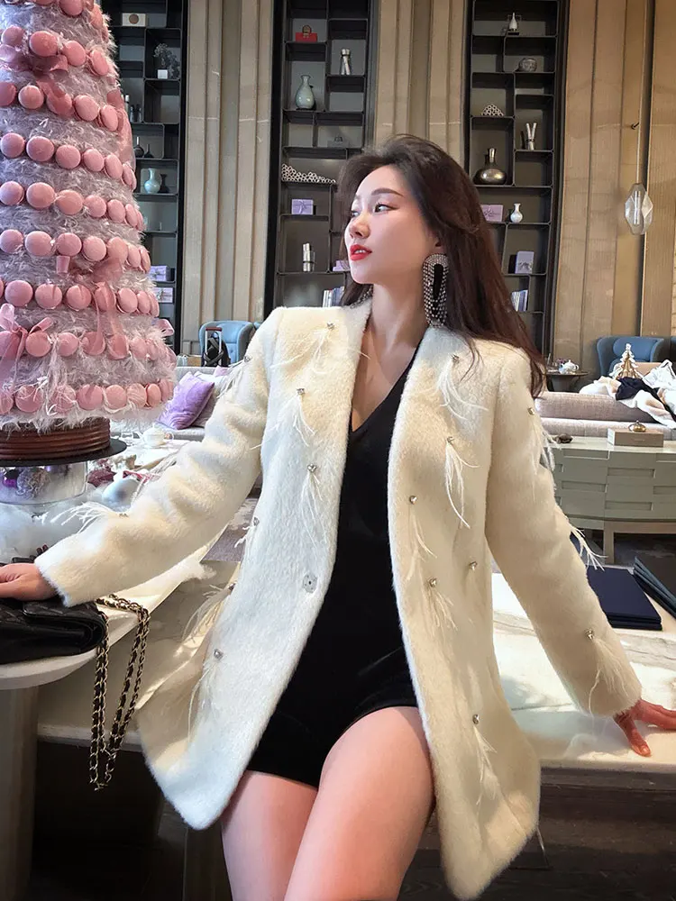 

YANGXIAOJING Thiened Woolen Coat Women's Autumn Winter Faionable Ele Sle Long Sve Middle Length Color