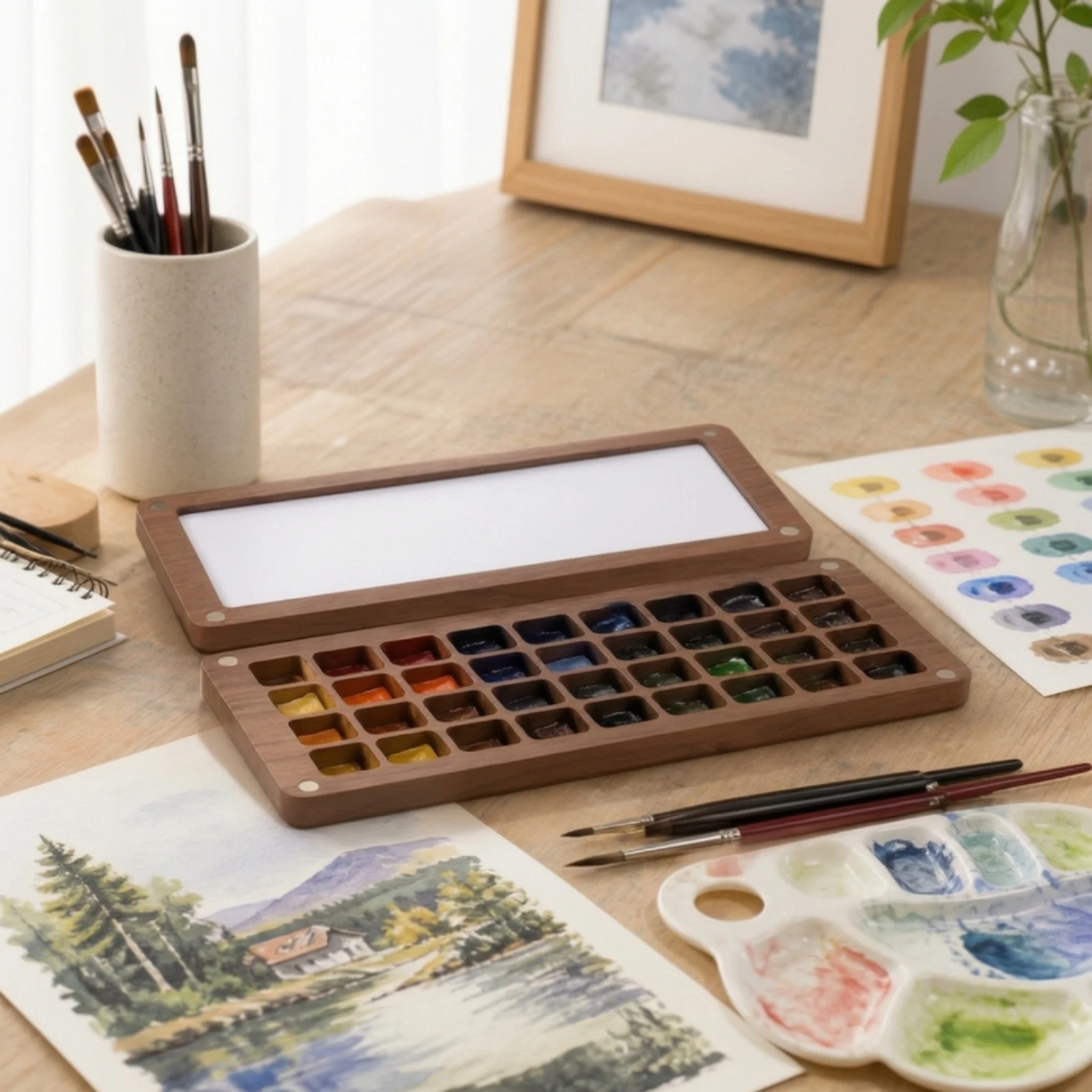 Wooden Watercolor Paint Box Compartmented Wooden Watercolor Palette Box Rectangular Wood Paint Palette Portable