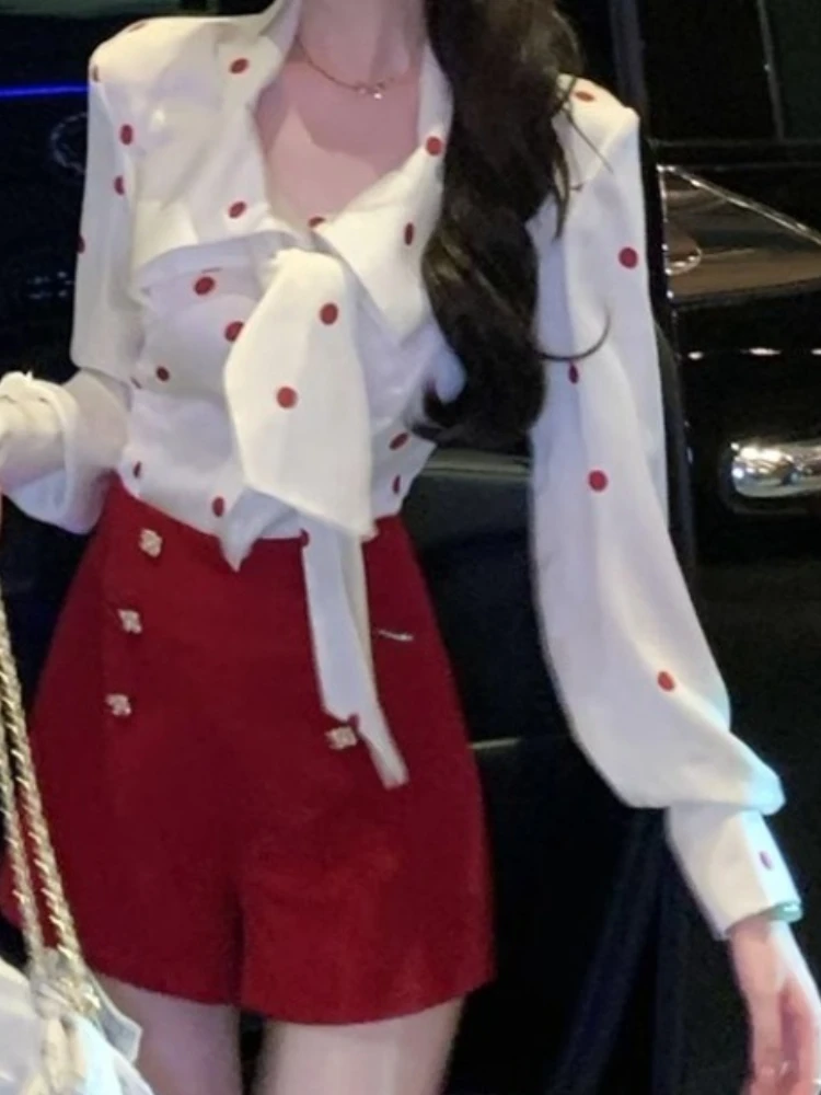 

Элегантный женский комплект из 2 предметов во французском стиле, блузка в горошек в стиле ретро + красные брюки, милая винтажная шикарная корейская популярная одежда, модная новинка