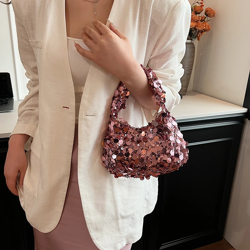 Small Sequin Shoulder Bags for Women 2024 Y2K Party Designer Korean Fashion Handbags and Purses Tote Bag with Short Handle