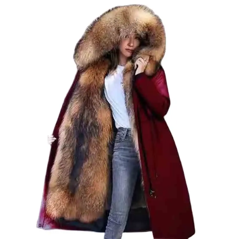 

2024 Winter New Knee-length Hooded Loose Slim Female Raccoon Fur Coat Lined With Detachable Fur Warm And Casual Coat Female5XL