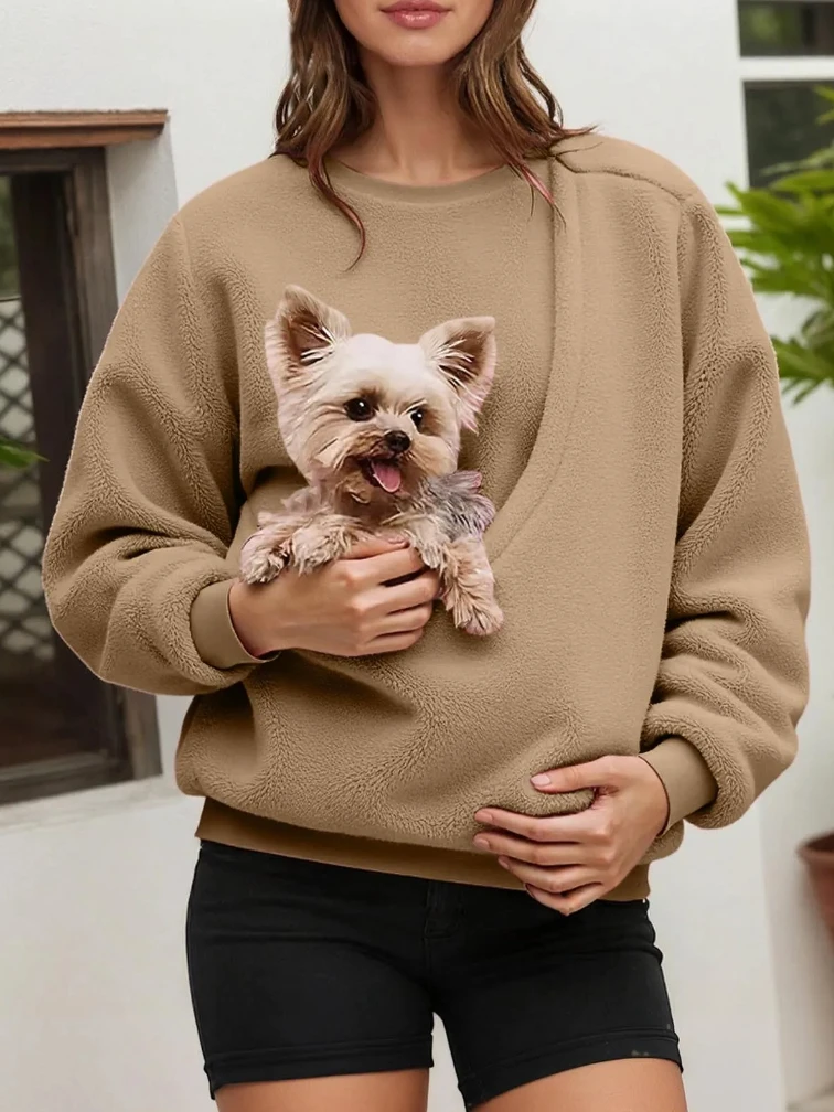 Bluza unisex z motywem zwierzaka, casualowa, z polaru, wkładana przez głowę, przytulna bluzka z długim rękawem, pasująca dla par, z kieszenią na zwierzę, okrągły dekolt. — 2