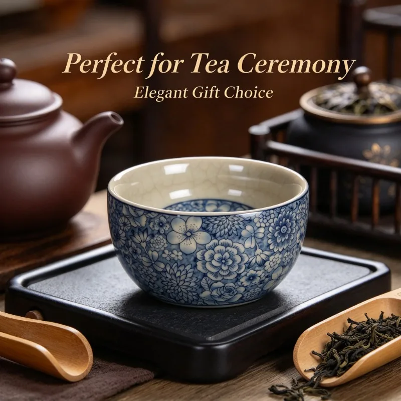 Floral Blue and White Porcelain Tasting Cup Kung Fu Tea Master Cup Handmade Ceramic Single Teacup for Home