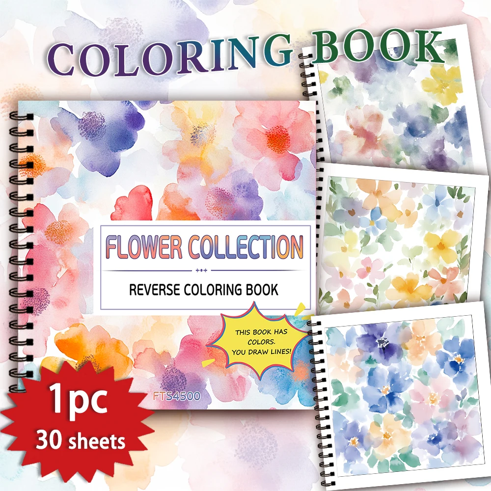 1pc Watercolor Floral Reverse Coloring Book, 30 Thick Pages 100gsm,  Creative Line Activities, Perfect Gift for Family Friends