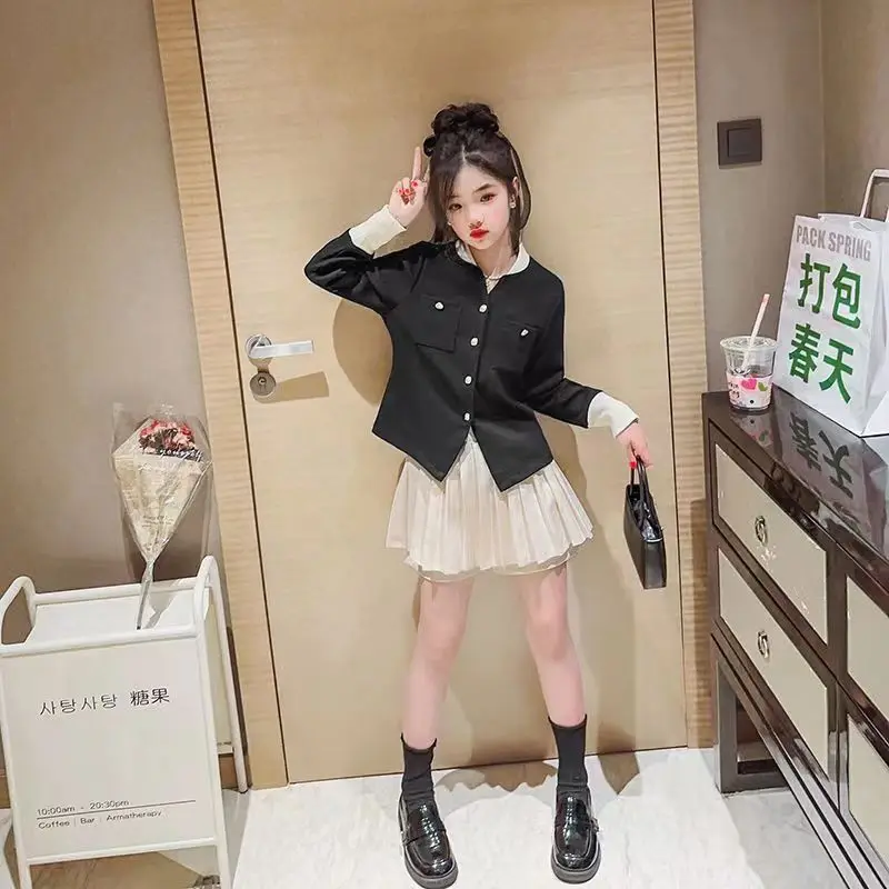 

Spring/Summer Girls' College Style Set 2023 Children's Korean Vintage Suit Coat Pleated Skirt Two Piece Student Fashion Set