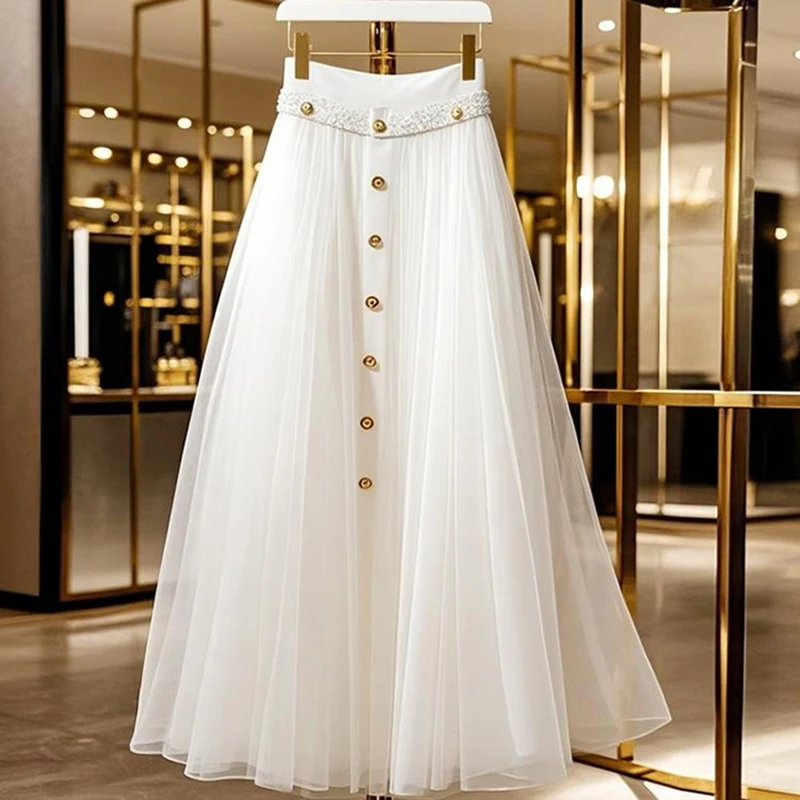 Women Spring Summer Simplicity Office Lady Solid Color Large Size Skirt Ladies Fashion Buttons High Waist All-match A-line Skirt