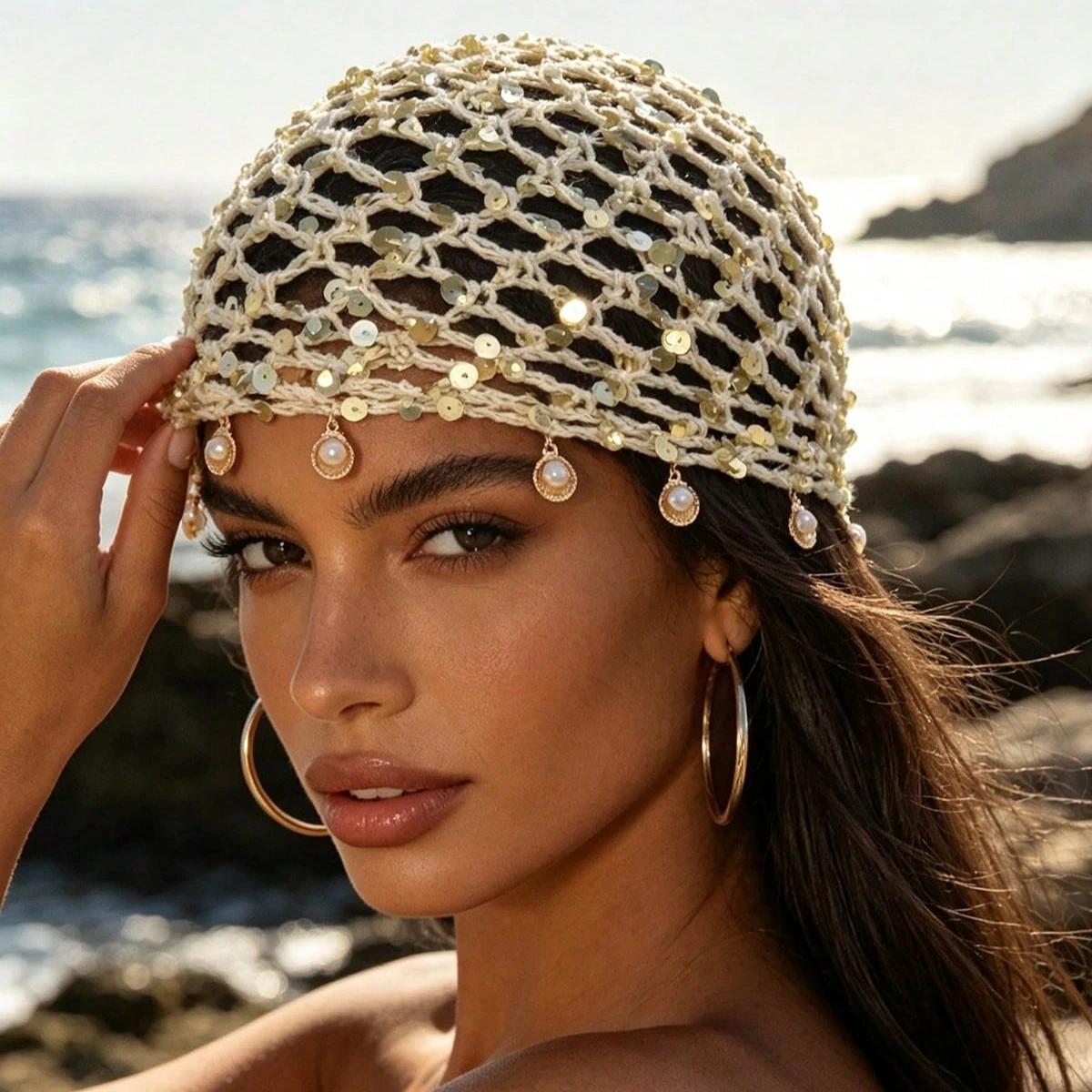 Boho Hollow Crochet Mesh Head Cap Sequins Dangling Pearl Decor Knit Turban Hat Women Beach Travel Holiday Hair Accessories