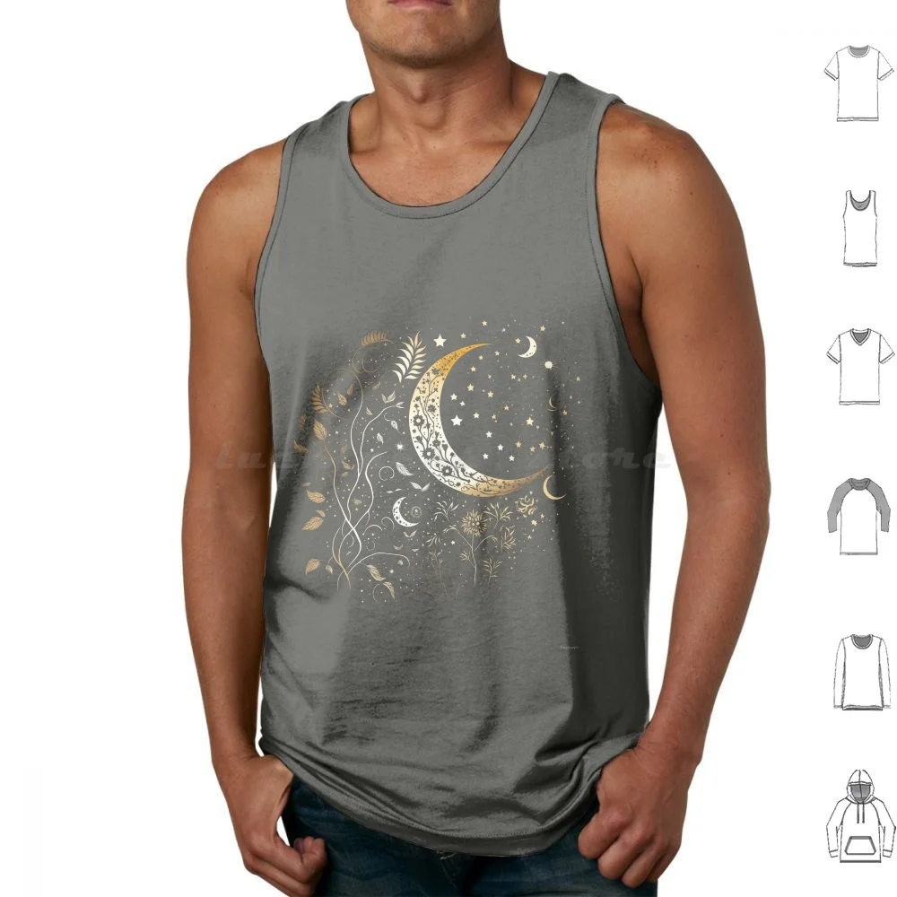 Crescent Moon Tank Tops Vest Sleeveless Crescent Moon Night Golden Stars Pattern Leaf Shining