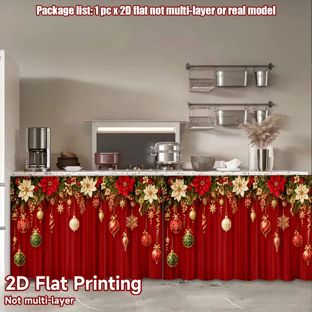 VIKAMA Red Poinsettia Ornaments Kitchen Cabinet Curtain Rod Pocket Window Valance Sink Skirt Tier Panel Christmas Holiday Home