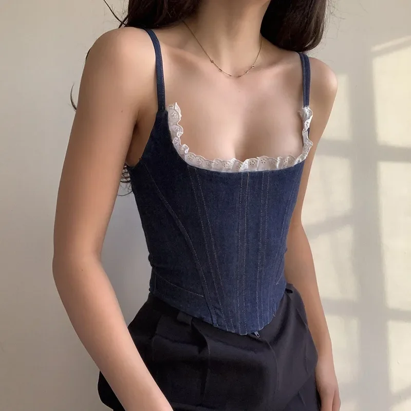 

2024 Summer Women New Sexy Off Shoulder Crop Tops Camisole Indie Sleeveless All-match Blue Camis Female New Solid Color Tops Y2k