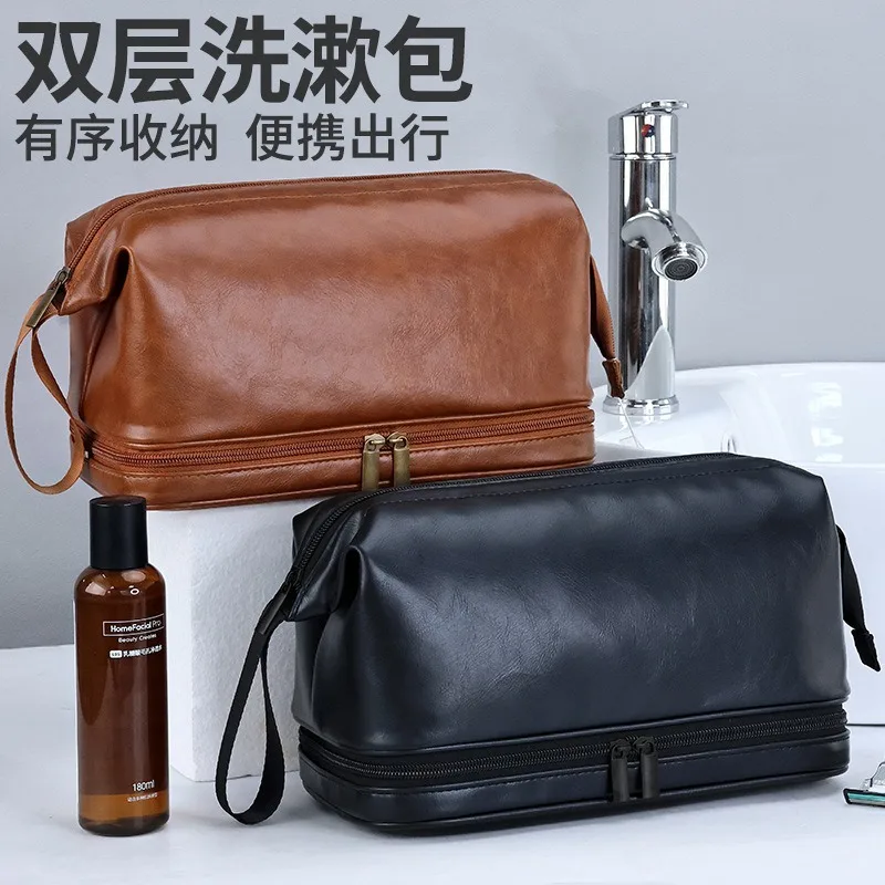 

Soft PU Leather Washing Bag for Men Large Capacity Zipped Travel Toiletry Bag Ladies Supply Organizer Case