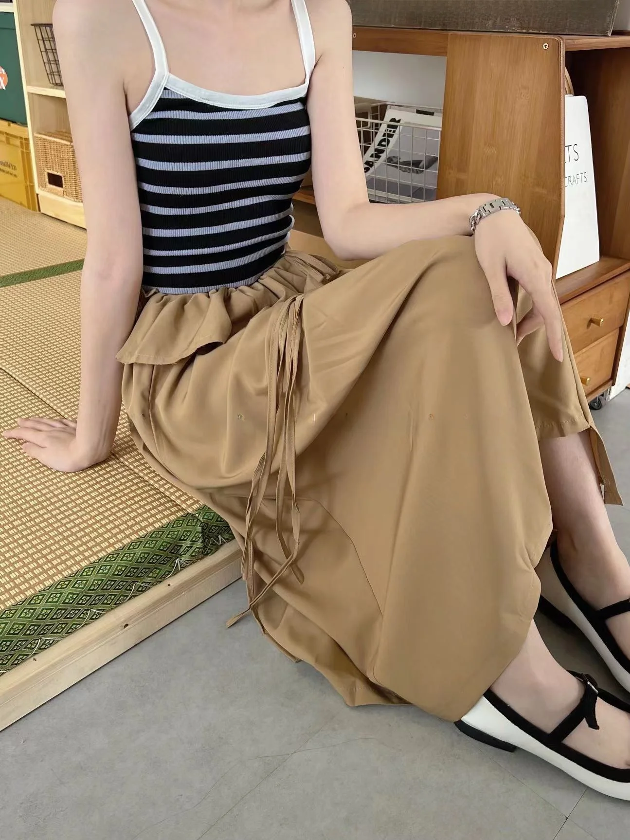 

SALT High Waist Drawstring Half Skirt Women's Spring Summer Asymmetrical Design Irregular Lace Trim Midi Skirt Vintage Style