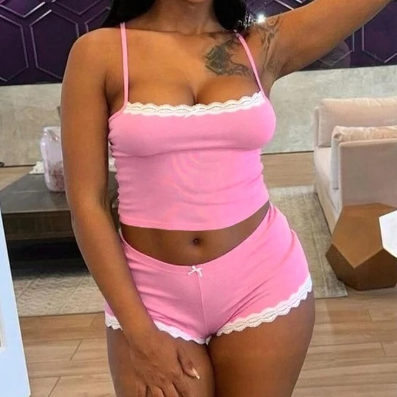 

Женские кружевные сексуальные шорты, летняя одежда из 2 предметов, новая уличная одежда, модный повседневный тонкий клубный костюм для вечеринок, однотонный бант, женская спортивная одежда 2025