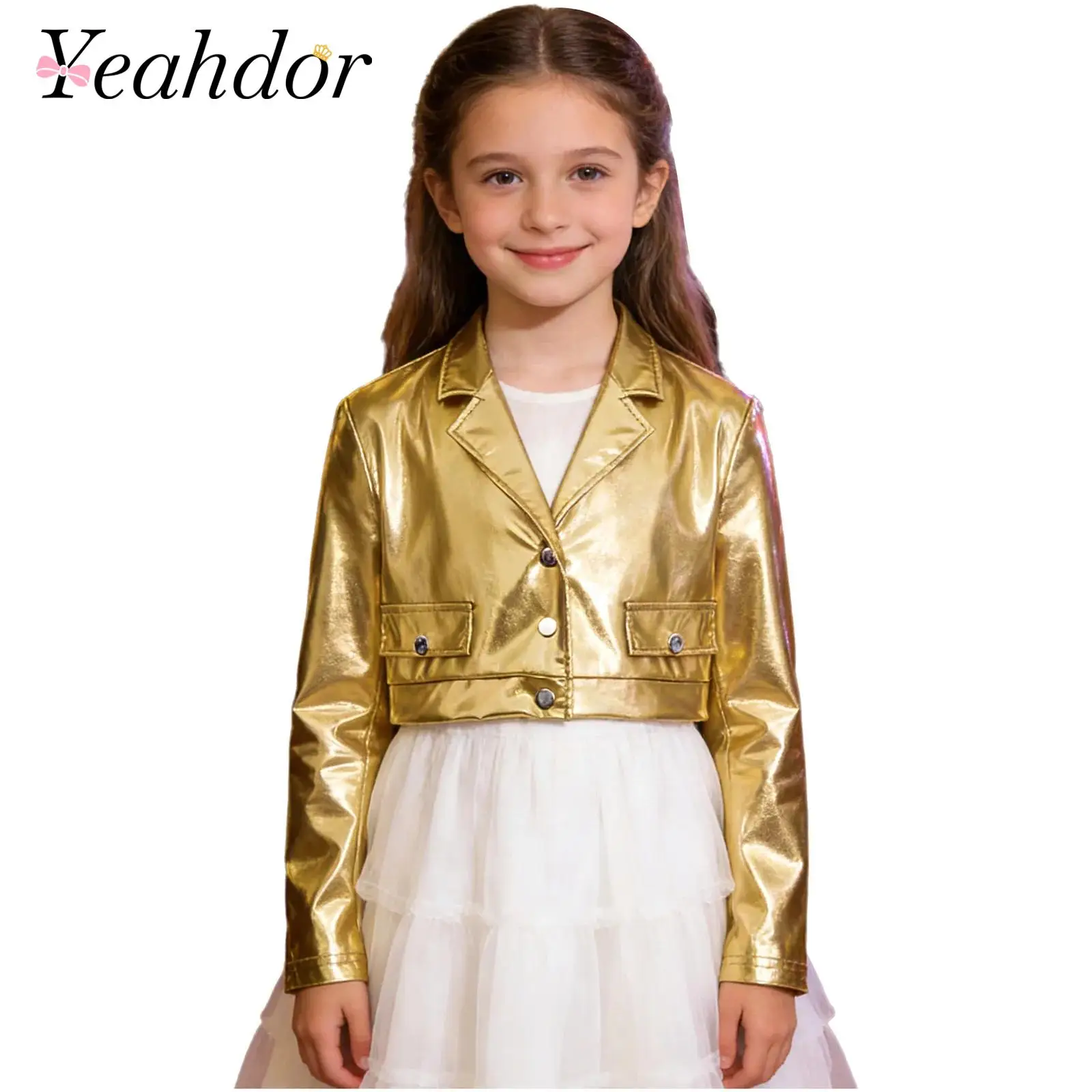 

Kids Girls Crop Bomber Outerwear Children Metallic Cardigan Lapel Baseball Jacket Jazz Party Stage Performance Hip Hop Clothes