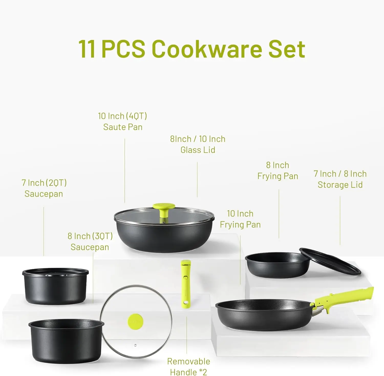 Pots and Pans Set Non Stick, 11pcs Kitchen Set, Oven/Fridge Safe, Space Saving Pots Set, Nonstick Set w/ Versatile Chartreuse