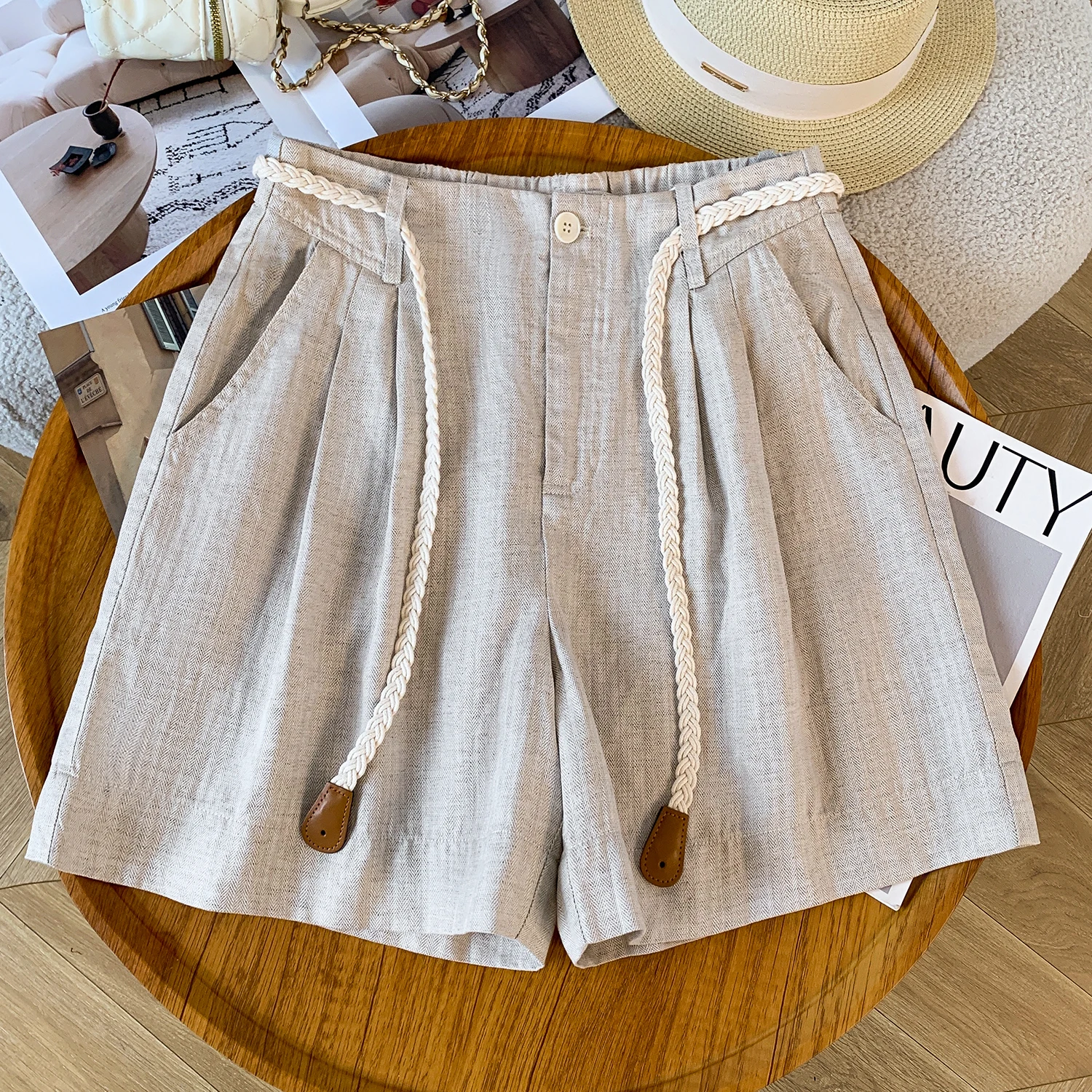 

High Waist A-Line Casual Shorts Women's Summer Wide Leg Straight Cut Pants with Belt Natural Waist Five-Quarter Length Thin M...