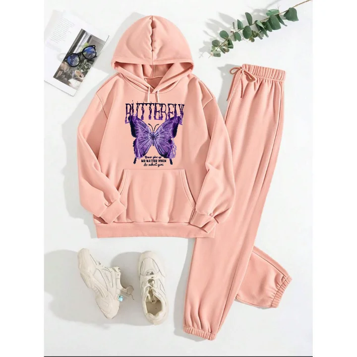 Mia Muse  Women's Sets Fashion Simple Cartoon Butterfly Pattern Letter Print Long Sleeve Hoodie Natural Waist Pant Casual Sets