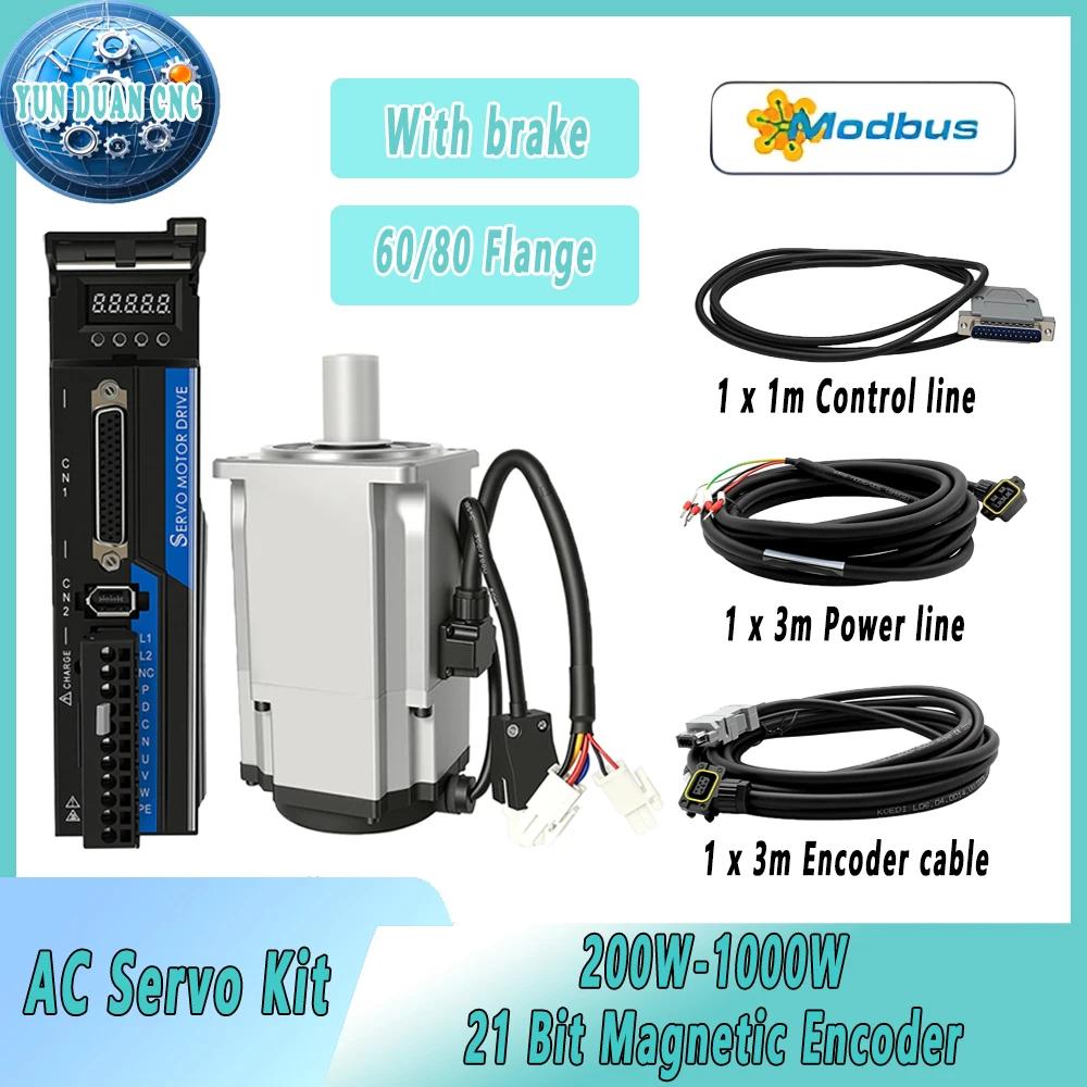 AC Servo Motor Driver Kit 200W 400W 600W 750W 1KW Pulse Model With Brake 21Bit Absolute Encoder 60/80 Flange For CNC Engraver