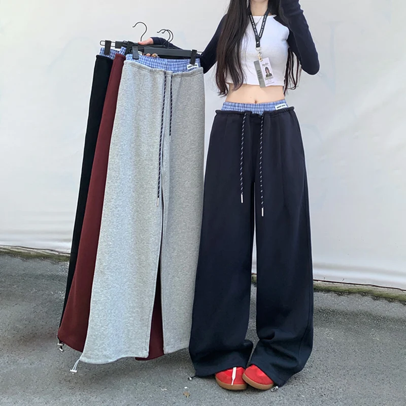 Fake Two-Piece Wide Leg Pants Women Autumn Winter Contrast Color Patchwork Baggy Sweatpants Woman Ins Street Joggers Trousers