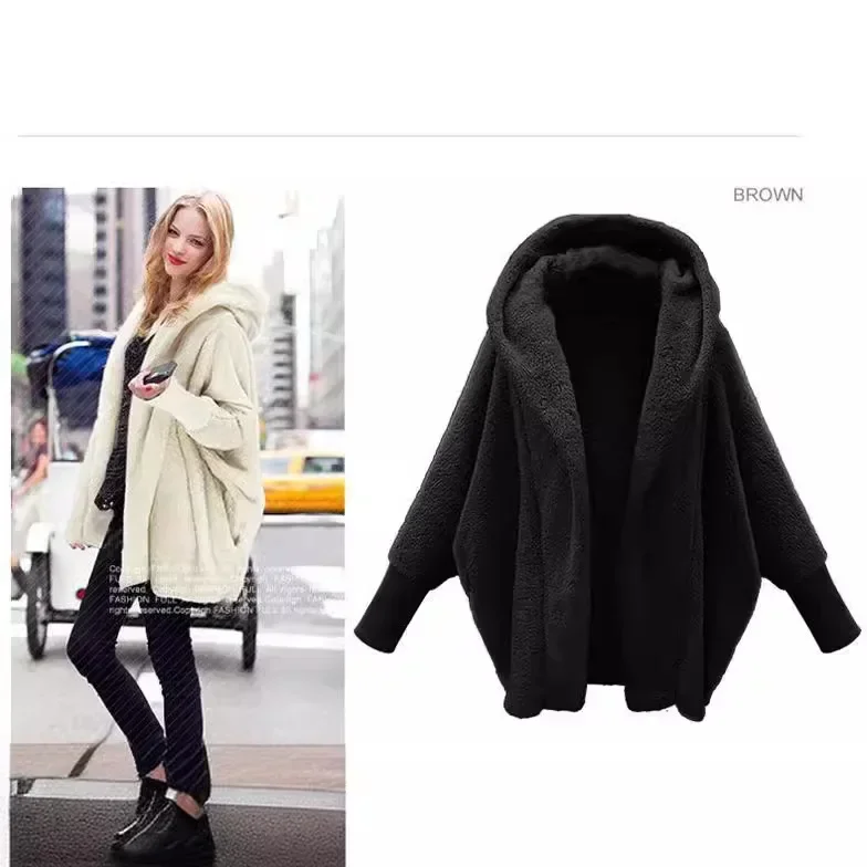 Women Autumn Winter Clothing Solid Color Long-sleeved Hooded Loose Plush Jacket Coat Warm Cardigan