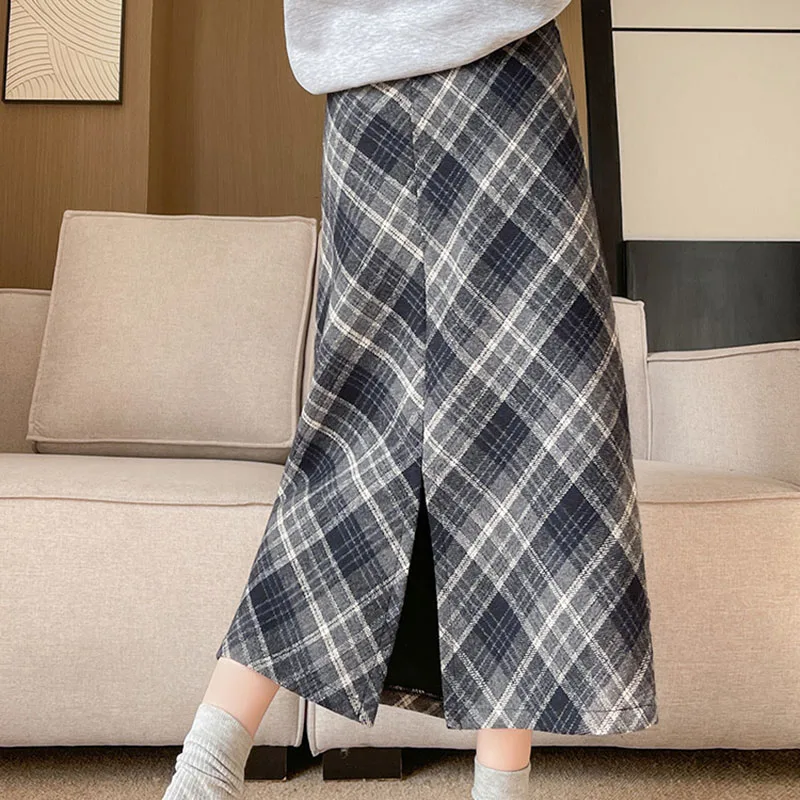 المرأة عالية الخصر ألف خط ميدي التنانير الشتاء تويد منقوشة تنورات الرصاص خمر سليم صالح Bodycon تنورة للنساء ملابس عصرية