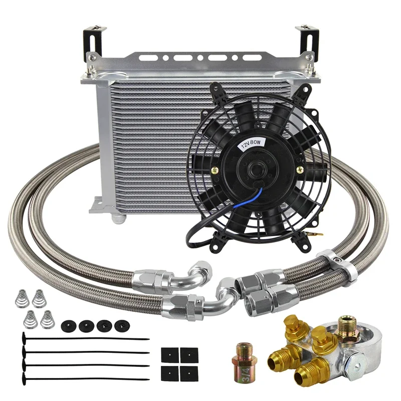 Oil Cooler Universal 28 Row 80 °C Thermostat Adapter 3/4x16UNF and M20x1.5 +7'' Electric Fan Black/Silver