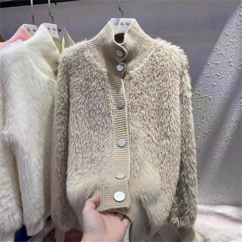 Gidyq Fashion Women Cardigan Sweater Korean All Match Hairy Loose Knitted Coats Female Casual Big Button Warm Jacket Winter New