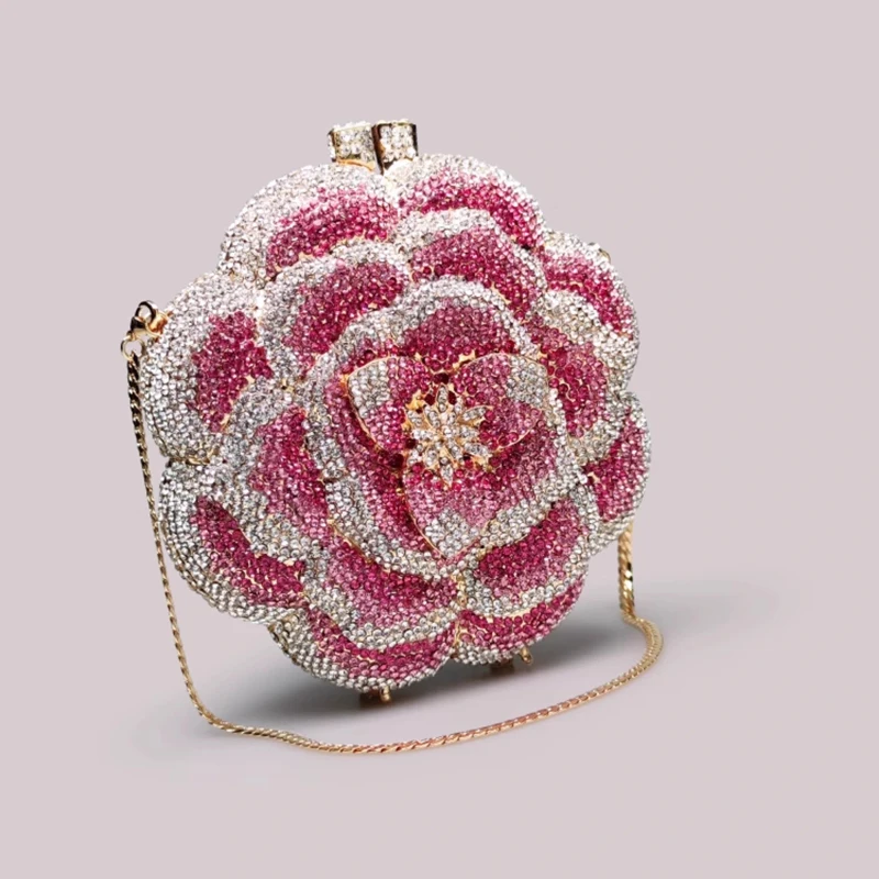 Rose Flower Pink Rhinestones Clutch Women Floral Yellow Crystal Evening Bags Bridal Wedding Party Clutch Purse and Handbags