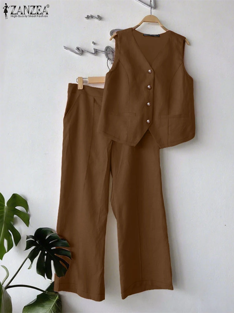 

Casual Loose Work Suits Pants Sets Women Sleeveless Tops Long Trousers ZANZEA 2025 Summer Solid Color Outfits Matching Sets